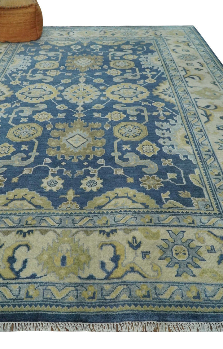 9.3x12 Hand Knotted Blue and Beige Traditional Oushak Wool Area Rug - The Rug Decor