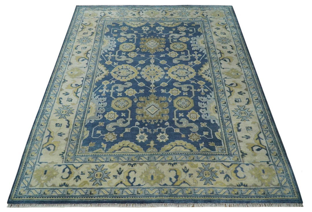 9.3x12 Hand Knotted Blue and Beige Traditional Oushak Wool Area Rug - The Rug Decor