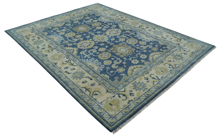 9.3x12 Hand Knotted Blue and Beige Traditional Oushak Wool Area Rug - The Rug Decor