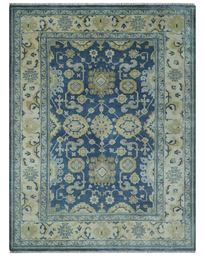 9.3x12 Hand Knotted Blue and Beige Traditional Oushak Wool Area Rug - The Rug Decor