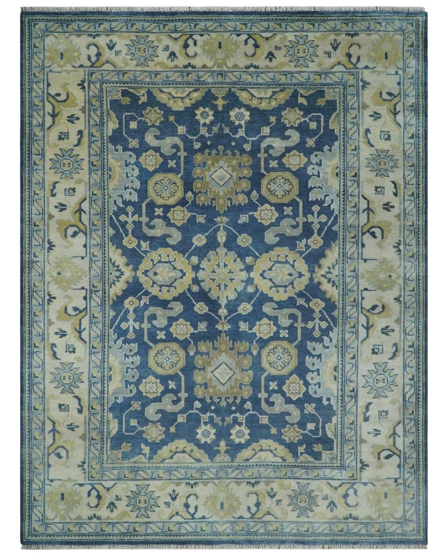9.3x12 Hand Knotted Blue and Beige Traditional Oushak Wool Area Rug - The Rug Decor