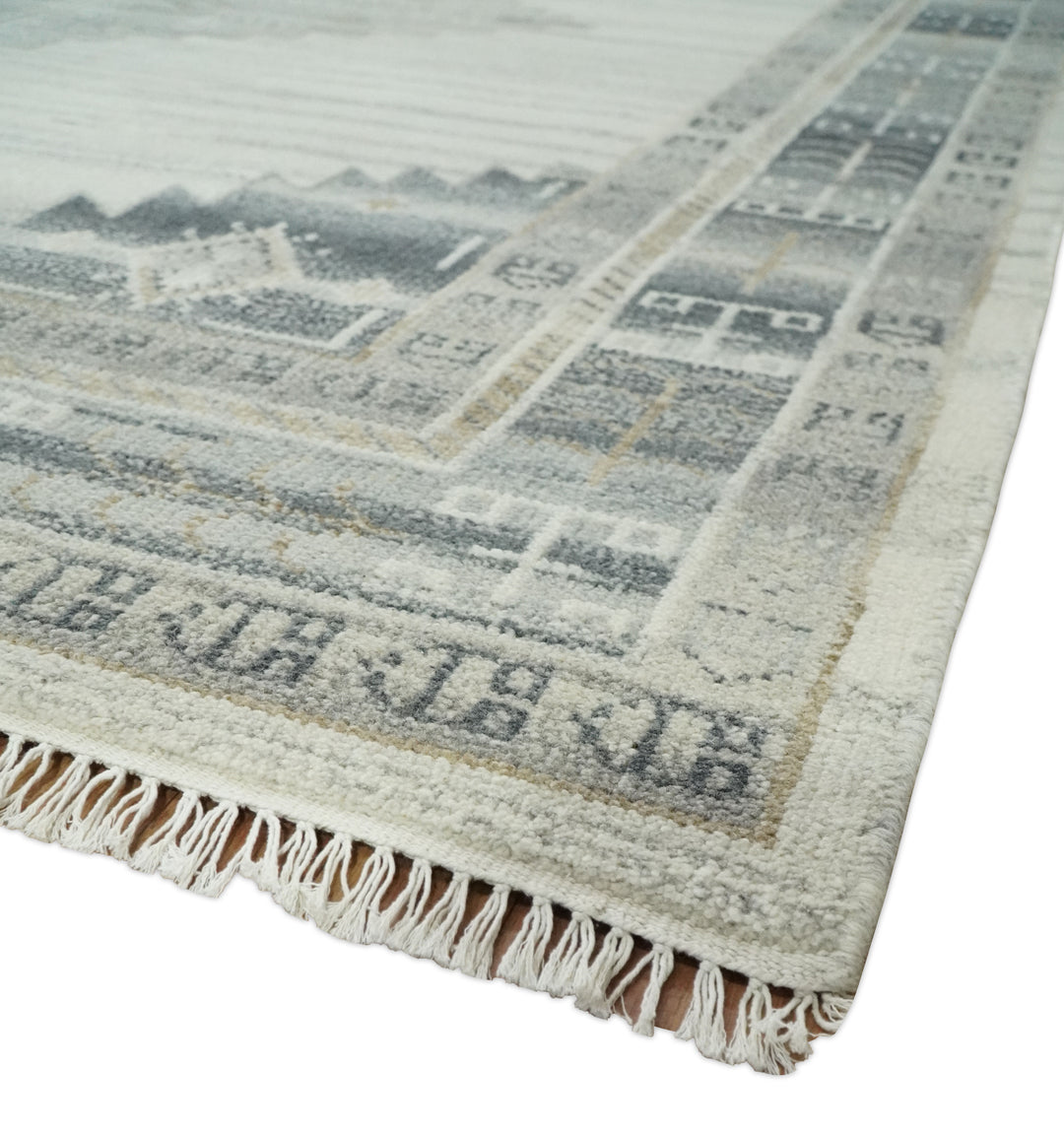 Natural Wool Hand Knotted Ivory and Gray Traditional Multi size wool Area Rug, Kids, Living Room and Bedroom Rug
