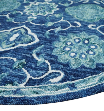 Ivory, Aqua and Blue Traditional Floral Round Hand Tufted Farmhouse Wool Rug