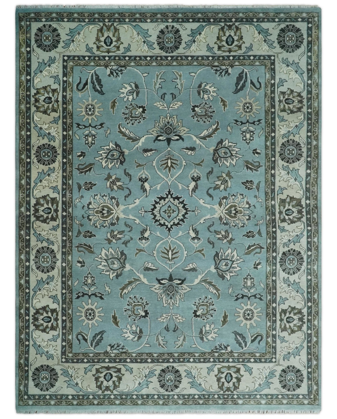 9x12 Antique Hand Knotted Blue and Ivory Traditional Vintage Persian Oushak Wool Rug | TRDCP998912 - The Rug Decor