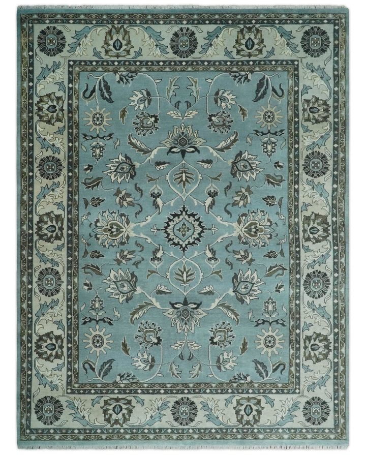 9x12 Antique Hand Knotted Blue and Ivory Traditional Vintage Persian Oushak Wool Rug | TRDCP998912 - The Rug Decor