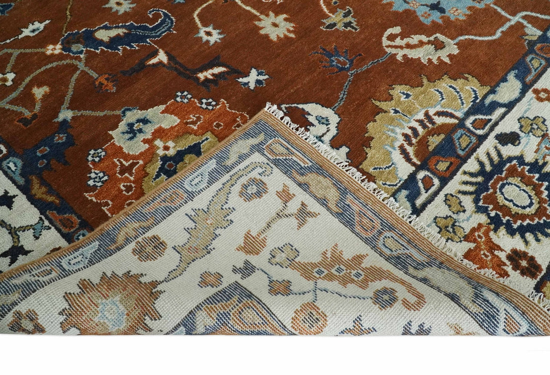 9x12 Antique Hand Knotted Rust and Ivory Traditional Vintage Persian Oushak Wool Rug | TRDCP975912 - The Rug Decor