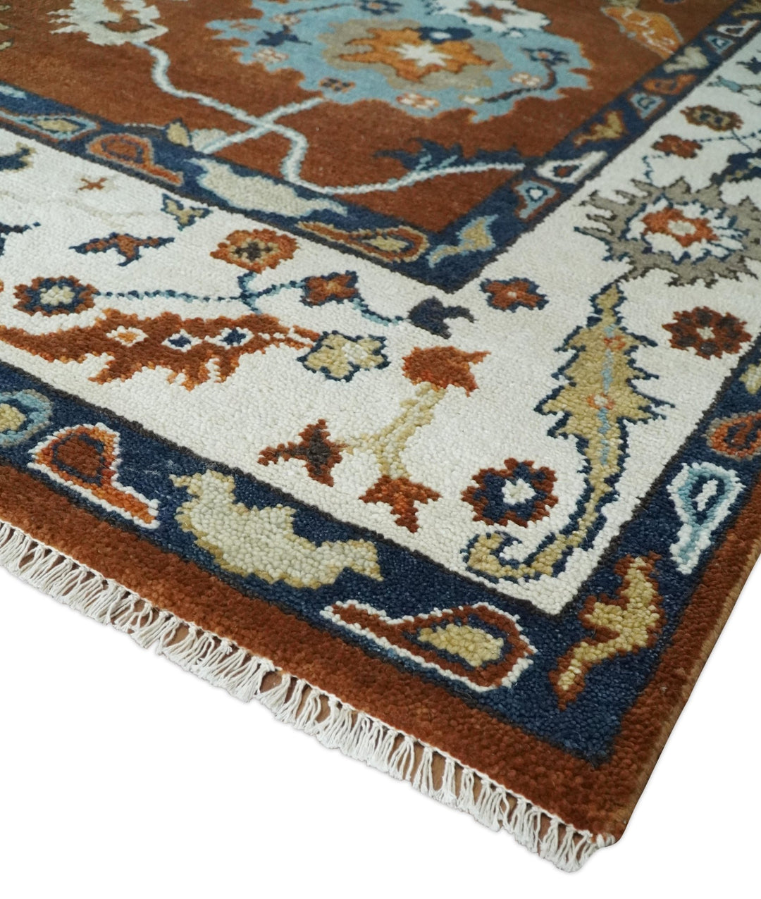 9x12 Antique Hand Knotted Rust and Ivory Traditional Vintage Persian Oushak Wool Rug | TRDCP975912 - The Rug Decor