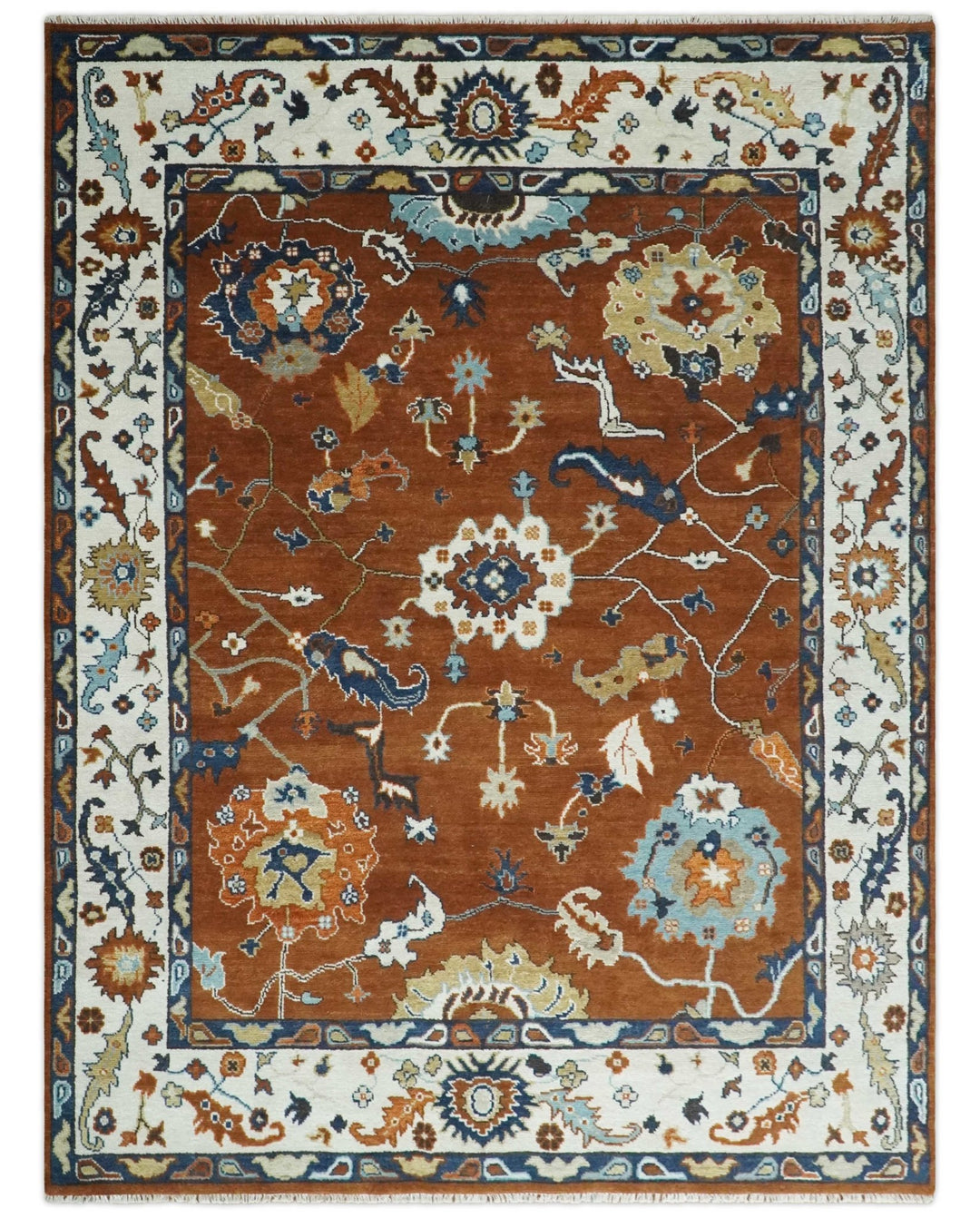 9x12 Antique Hand Knotted Rust and Ivory Traditional Vintage Persian Oushak Wool Rug | TRDCP975912 - The Rug Decor