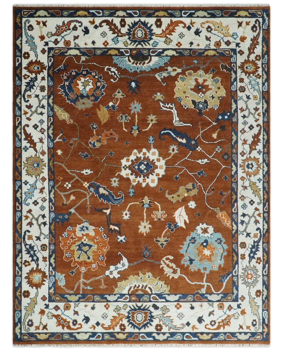 9x12 Antique Hand Knotted Rust and Ivory Traditional Vintage Persian Oushak Wool Rug | TRDCP975912 - The Rug Decor