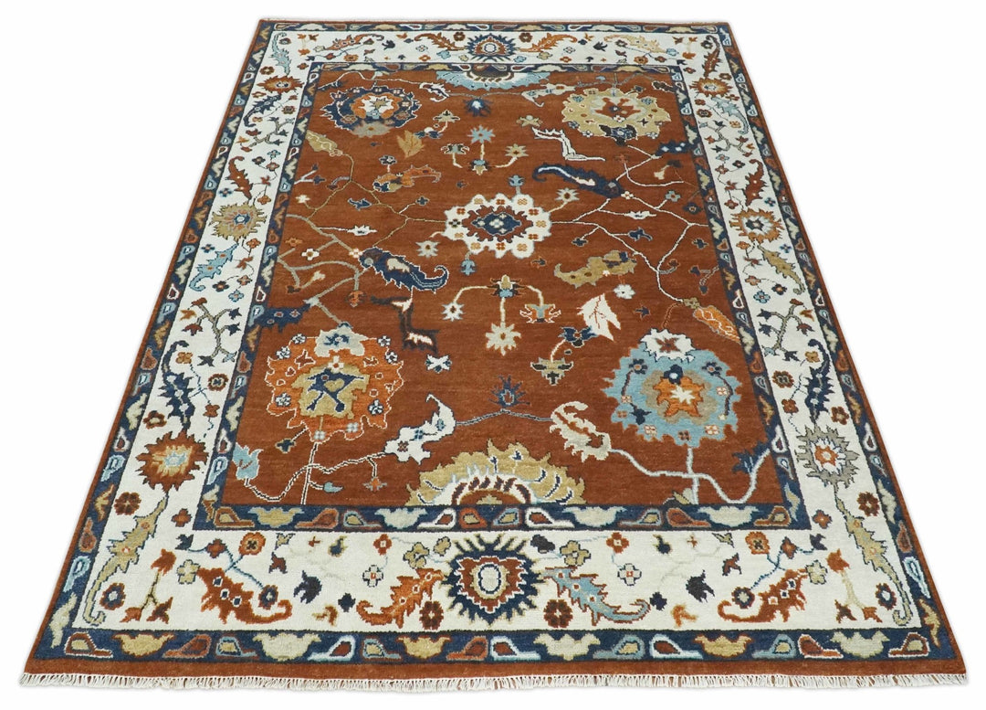 9x12 Antique Hand Knotted Rust and Ivory Traditional Vintage Persian Oushak Wool Rug | TRDCP975912 - The Rug Decor