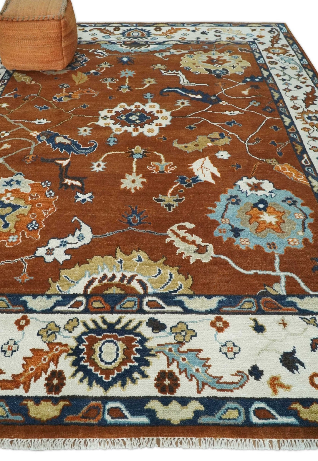 9x12 Antique Hand Knotted Rust and Ivory Traditional Vintage Persian Oushak Wool Rug | TRDCP975912 - The Rug Decor
