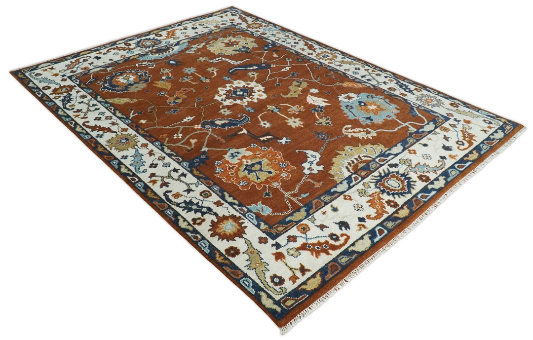 9x12 Antique Hand Knotted Rust and Ivory Traditional Vintage Persian Oushak Wool Rug | TRDCP975912 - The Rug Decor