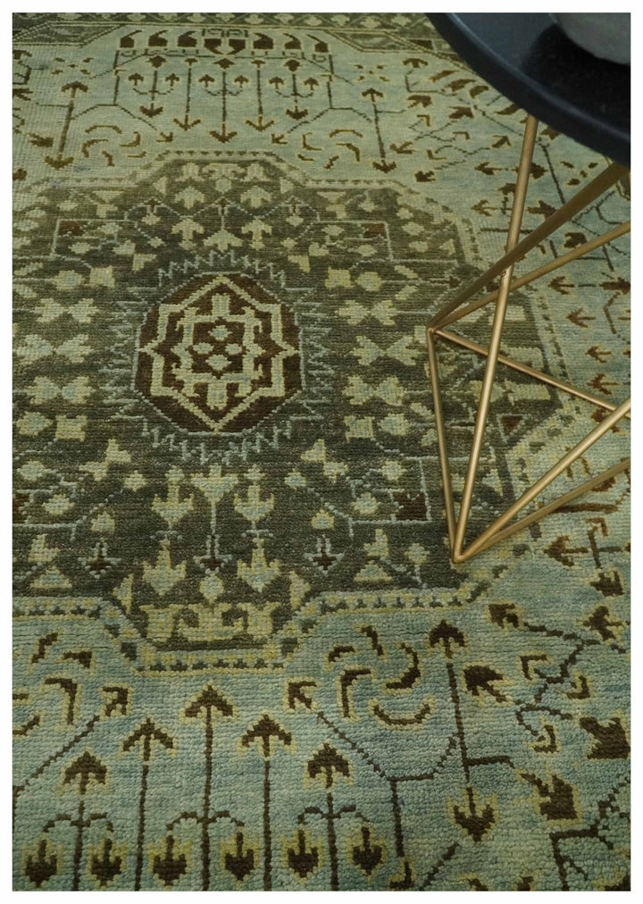 9x12 Antique Style Hand Knotted Green and Silver Medallion Pattern Wool Area Rug - The Rug Decor