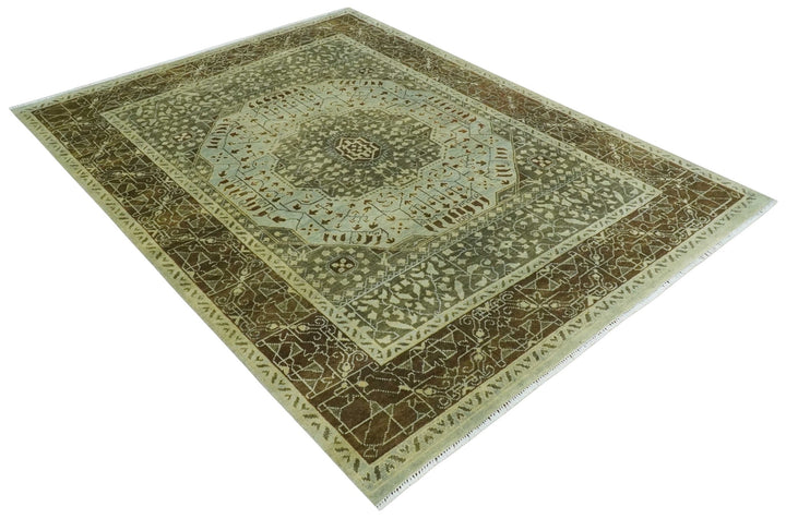 9x12 Antique Style Hand Knotted Green and Silver Medallion Pattern Wool Area Rug - The Rug Decor