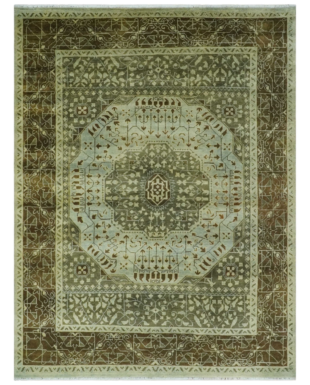 9x12 Antique Style Hand Knotted Green and Silver Medallion Pattern Wool Area Rug - The Rug Decor