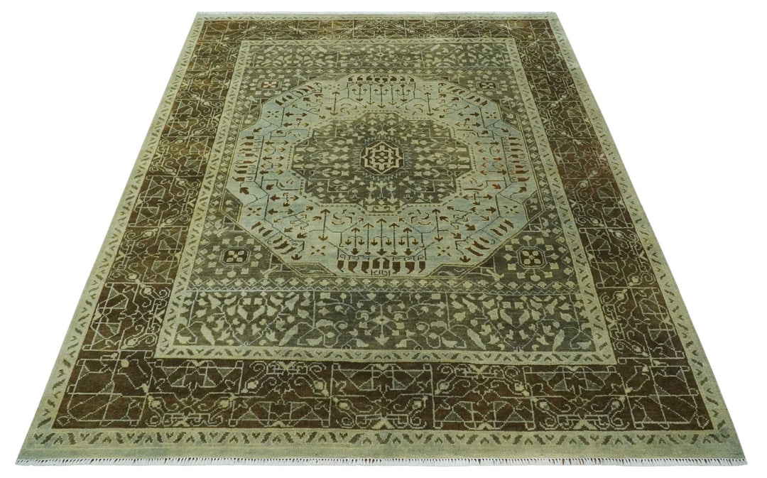 9x12 Antique Style Hand Knotted Green and Silver Medallion Pattern Wool Area Rug - The Rug Decor
