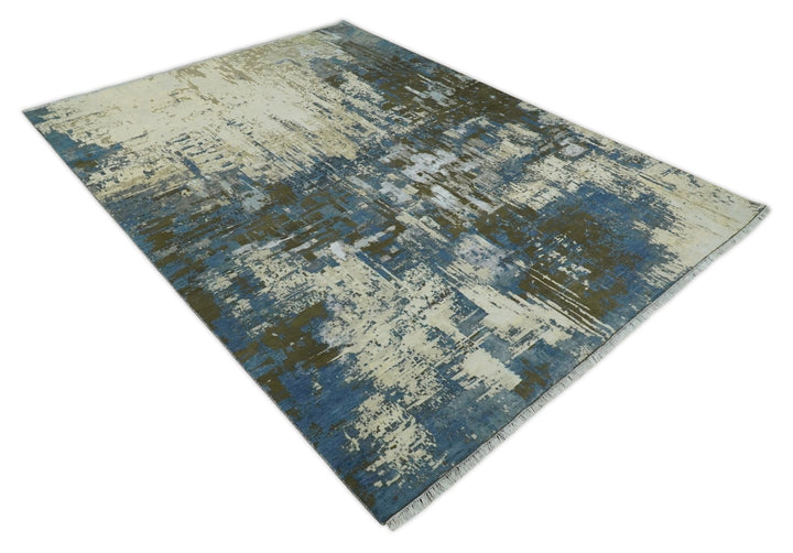 9x12 Fine Hand Knotted Beige and Blue Modern Abstract Style Antique Wool and Silk Area Rug | AGR31 - The Rug Decor