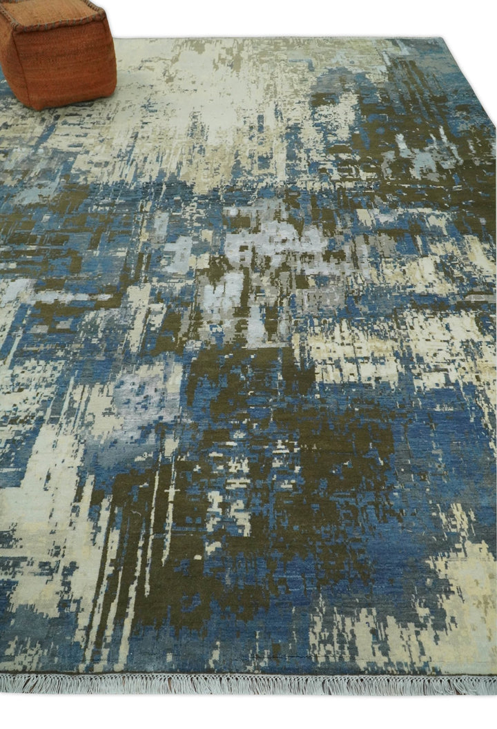 9x12 Fine Hand Knotted Beige and Blue Modern Abstract Style Antique Wool and Silk Area Rug | AGR31 - The Rug Decor