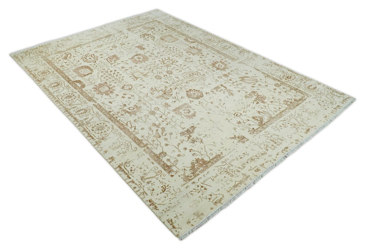 9x12 Fine Hand Knotted Beige and Brown Traditional Vintage Persian Style Antique Wool and Silk Rug | AGR46 - The Rug Decor