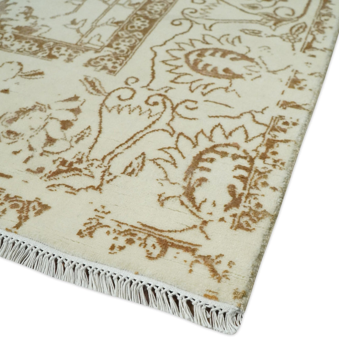9x12 Fine Hand Knotted Beige and Brown Traditional Vintage Persian Style Antique Wool and Silk Rug | AGR46 - The Rug Decor
