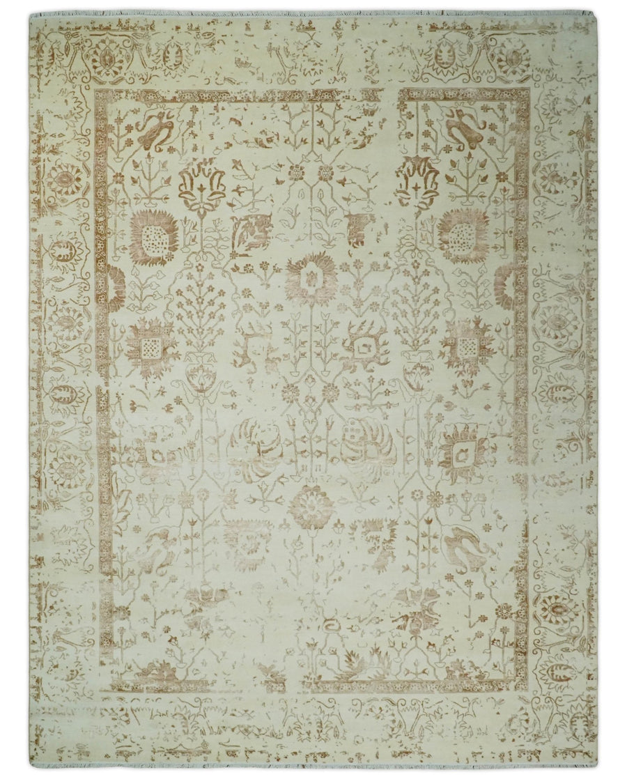 9x12 Fine Hand Knotted Beige and Brown Traditional Vintage Persian Style Antique Wool and Silk Rug | AGR46 - The Rug Decor