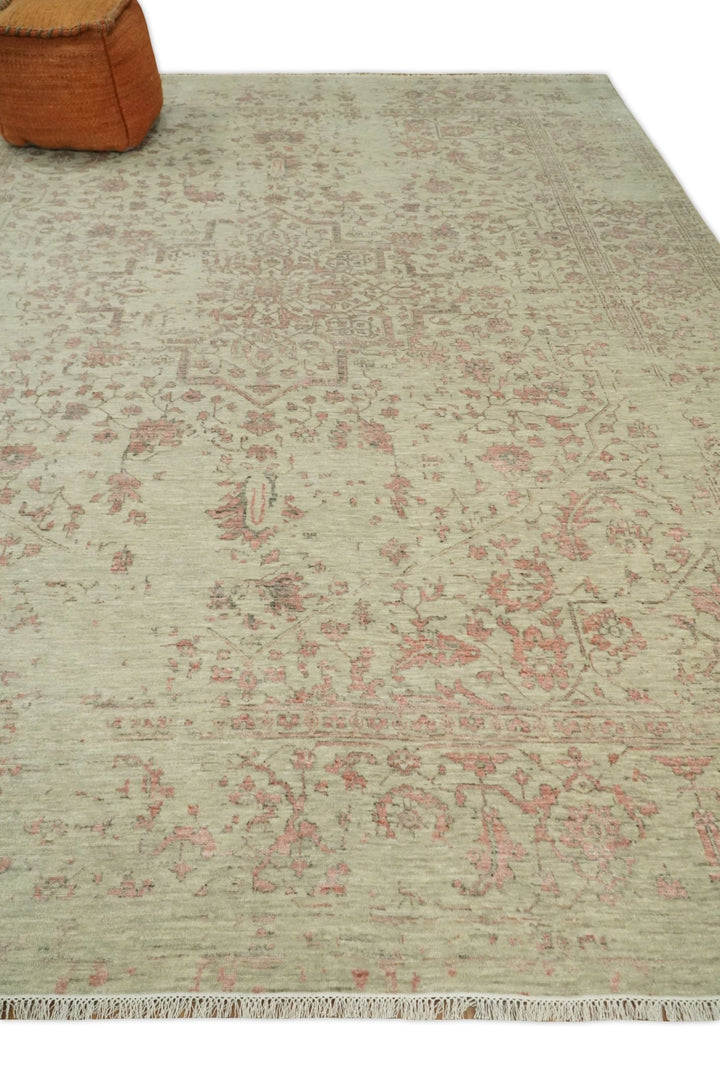 9x12 Fine Hand Knotted Beige and Peach Traditional Vintage Persian Style Antique Wool and Silk Rug | TRDCP662912 - The Rug Decor