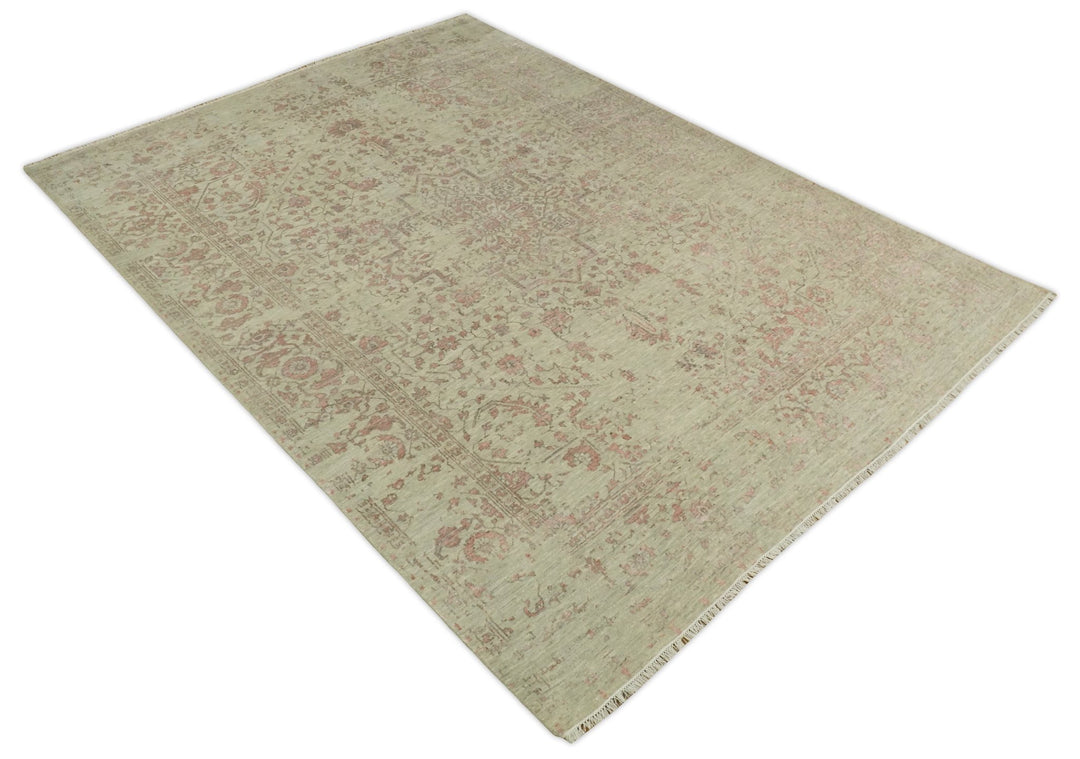 9x12 Fine Hand Knotted Beige and Peach Traditional Vintage Persian Style Antique Wool and Silk Rug | TRDCP662912 - The Rug Decor