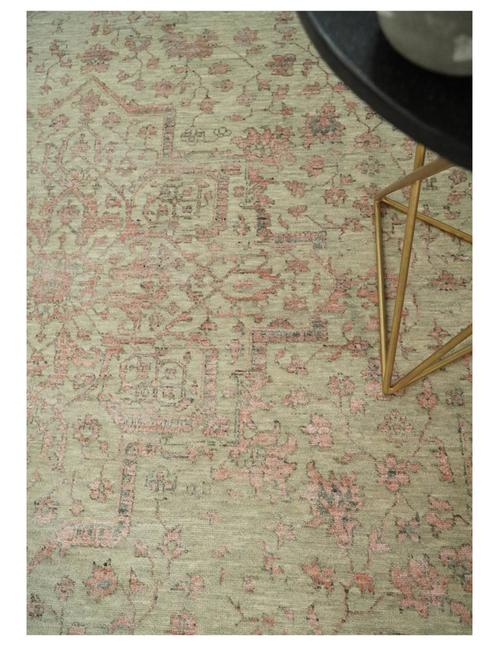 9x12 Fine Hand Knotted Beige and Peach Traditional Vintage Persian Style Antique Wool and Silk Rug | TRDCP662912 - The Rug Decor