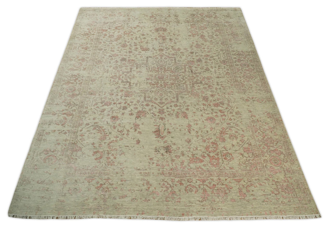 9x12 Fine Hand Knotted Beige and Peach Traditional Vintage Persian Style Antique Wool and Silk Rug | TRDCP662912 - The Rug Decor