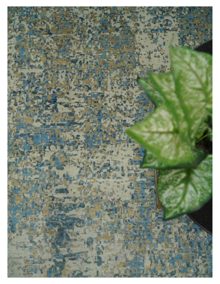 9x12 Fine Hand knotted Bue and Beige Traditional Modern Abstract Wool and Bamboo Silk Area Rug | TRDCP675912 - The Rug Decor