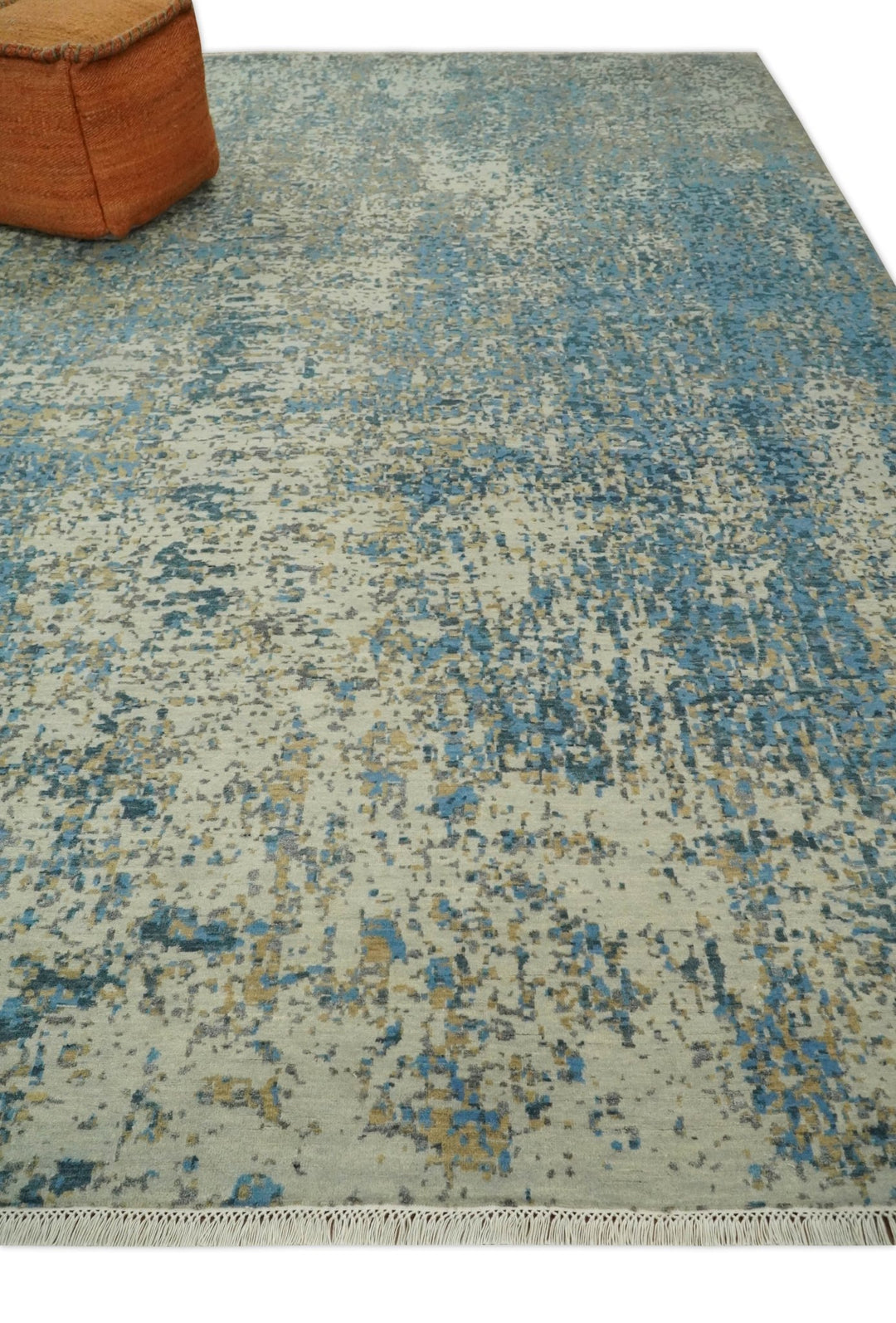 9x12 Fine Hand knotted Bue and Beige Traditional Modern Abstract Wool and Bamboo Silk Area Rug | TRDCP675912 - The Rug Decor