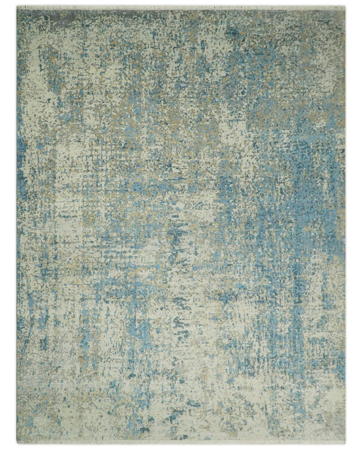 9x12 Fine Hand knotted Bue and Beige Traditional Modern Abstract Wool and Bamboo Silk Area Rug | TRDCP675912 - The Rug Decor