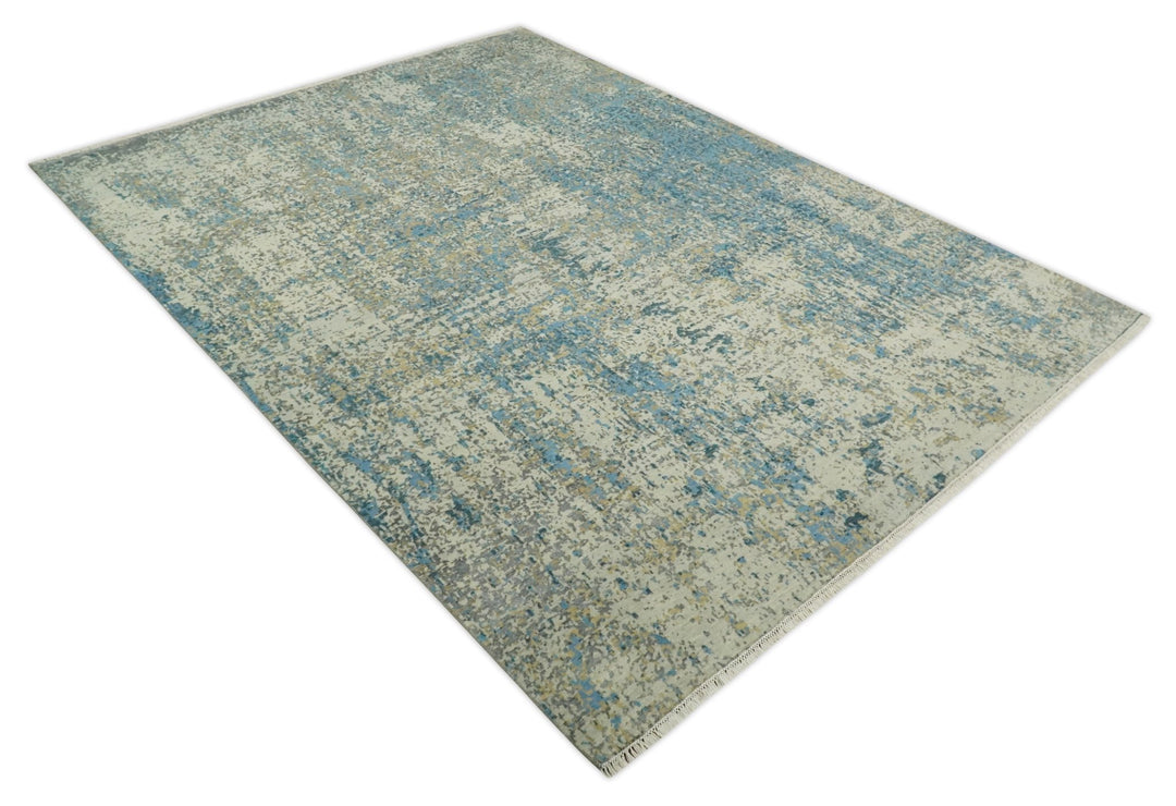 9x12 Fine Hand knotted Bue and Beige Traditional Modern Abstract Wool and Bamboo Silk Area Rug | TRDCP675912 - The Rug Decor
