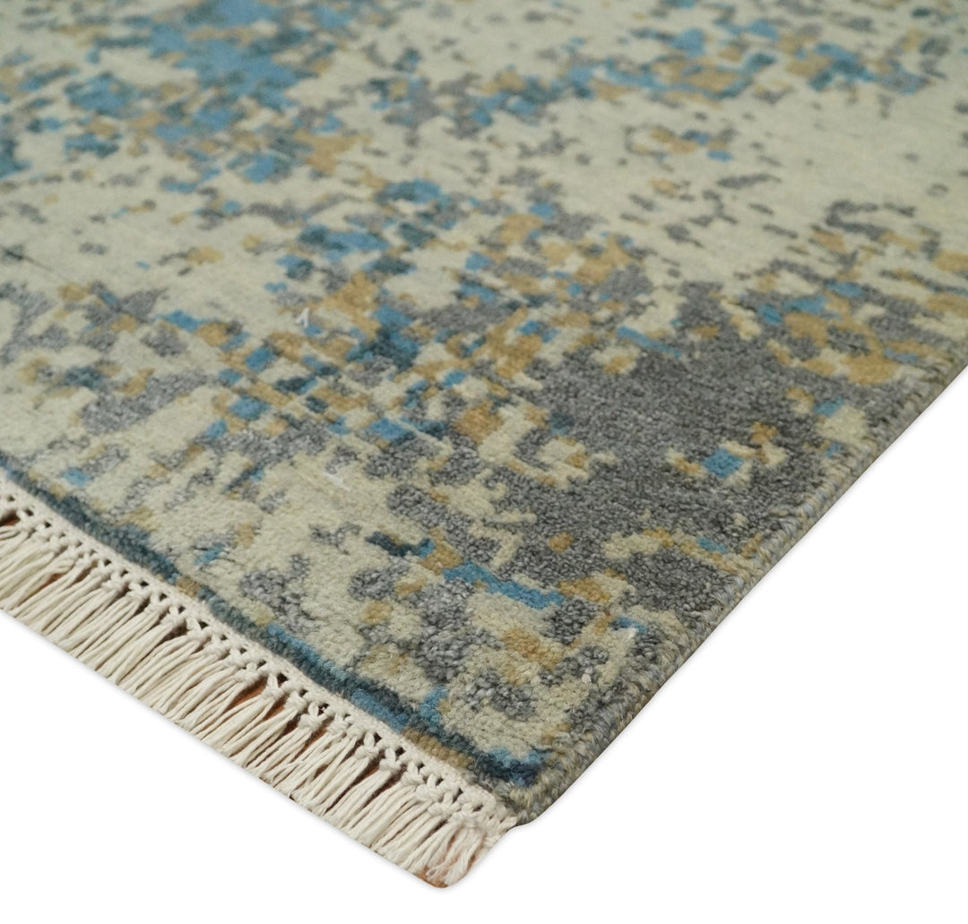 9x12 Fine Hand knotted Bue and Beige Traditional Modern Abstract Wool and Bamboo Silk Area Rug | TRDCP675912 - The Rug Decor
