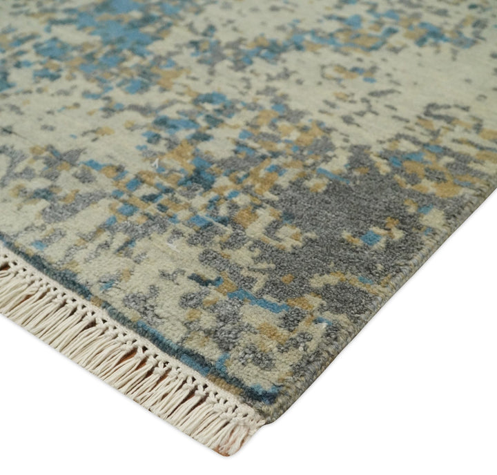 9x12 Fine Hand knotted Bue and Beige Traditional Modern Abstract Wool and Bamboo Silk Area Rug | TRDCP675912 - The Rug Decor