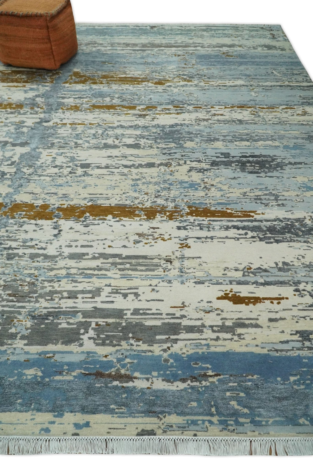 9x12 Fine Hand Knotted Ivory and Blue Modern Abstract Style Antique Wool and Silk Area Rug | AGR22 - The Rug Decor