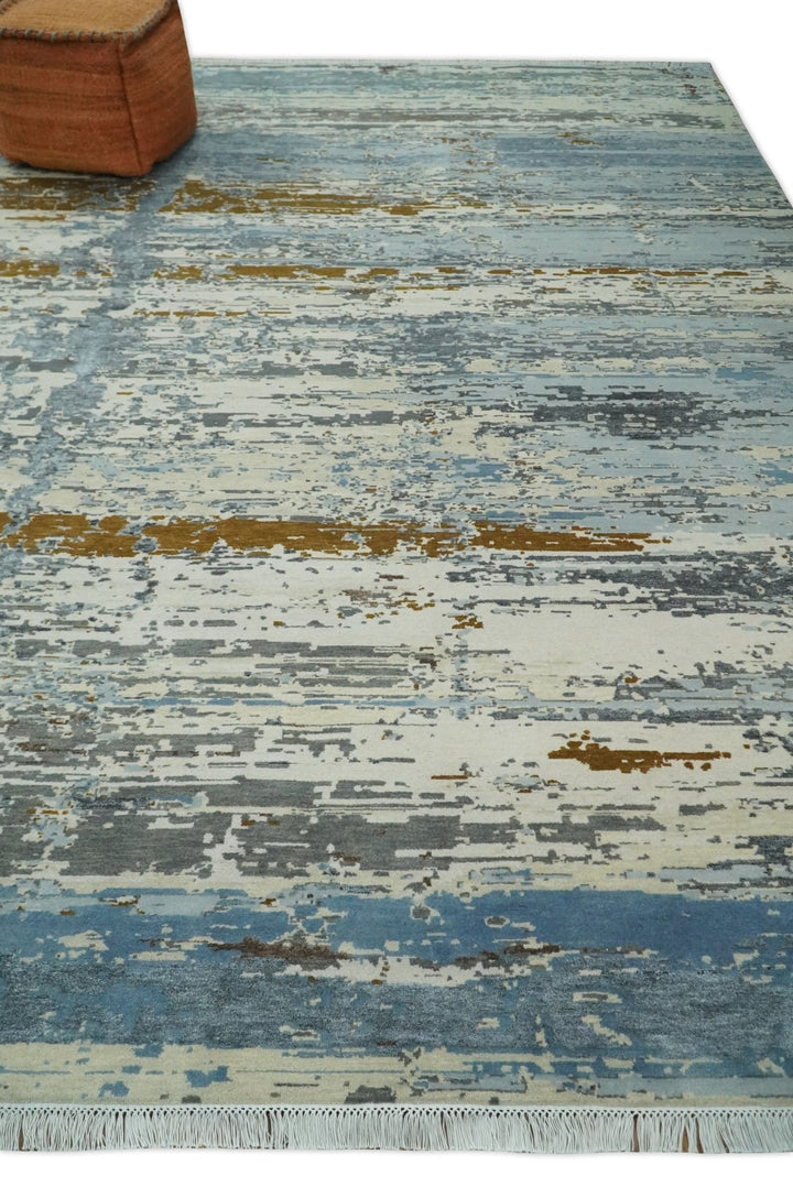 9x12 Fine Hand Knotted Ivory and Blue Modern Abstract Style Antique Wool and Silk Area Rug | AGR22 - The Rug Decor