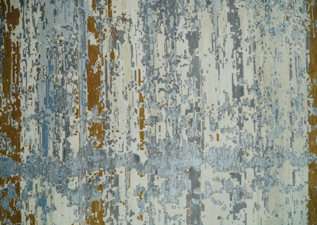 9x12 Fine Hand Knotted Ivory and Blue Modern Abstract Style Antique Wool and Silk Area Rug | AGR22 - The Rug Decor