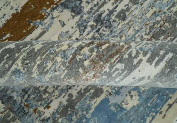 9x12 Fine Hand Knotted Ivory and Blue Modern Abstract Style Antique Wool and Silk Area Rug | AGR22 - The Rug Decor