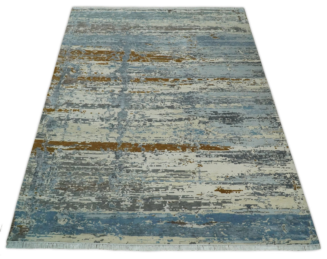 9x12 Fine Hand Knotted Ivory and Blue Modern Abstract Style Antique Wool and Silk Area Rug | AGR22 - The Rug Decor