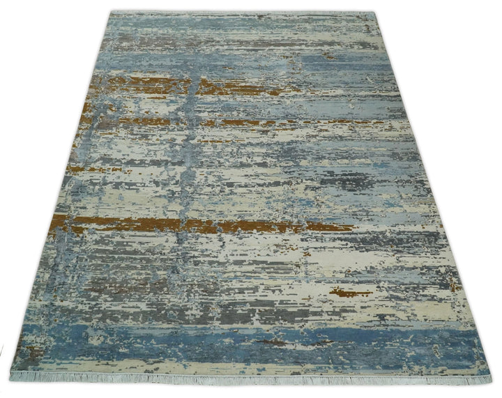 9x12 Fine Hand Knotted Ivory and Blue Modern Abstract Style Antique Wool and Silk Area Rug | AGR22 - The Rug Decor