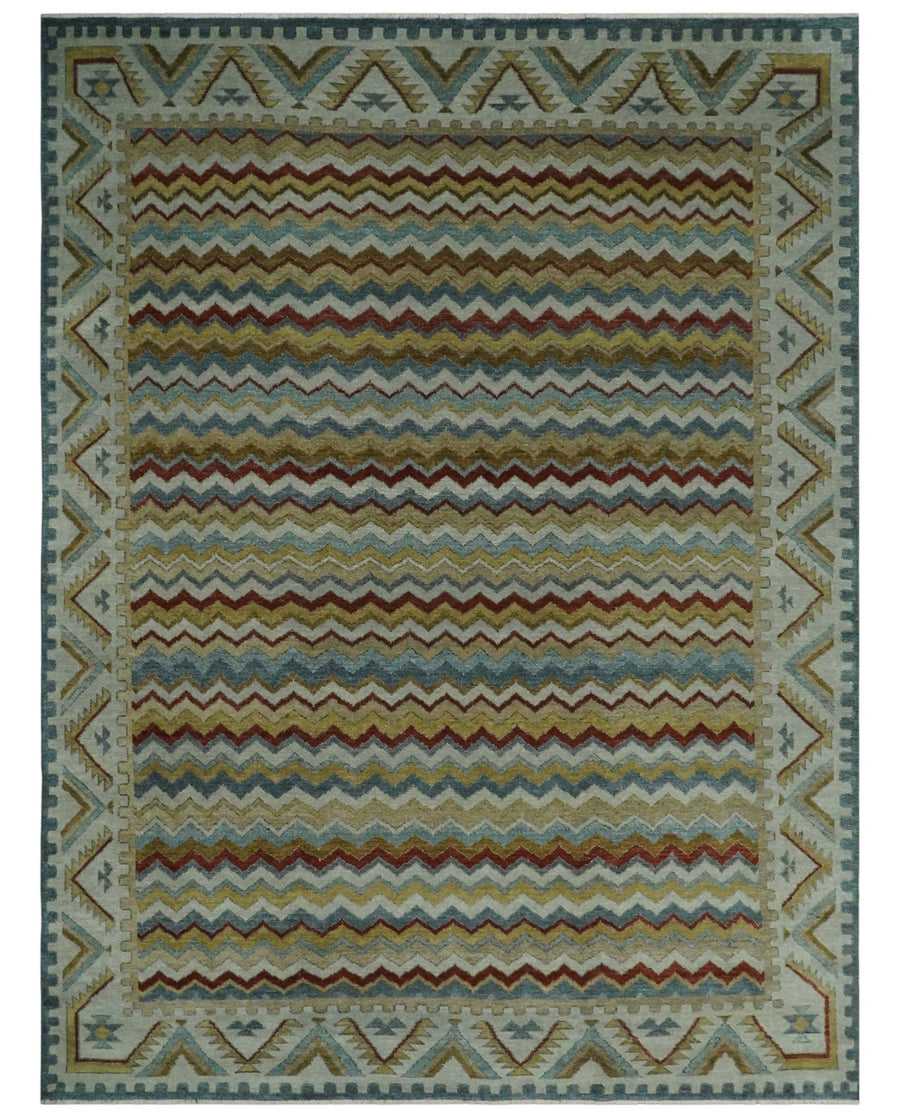 9x12 Gray, Maroon, Ivory and Mustard Stripes Pattern Hand knotted wool Area Rug - The Rug Decor