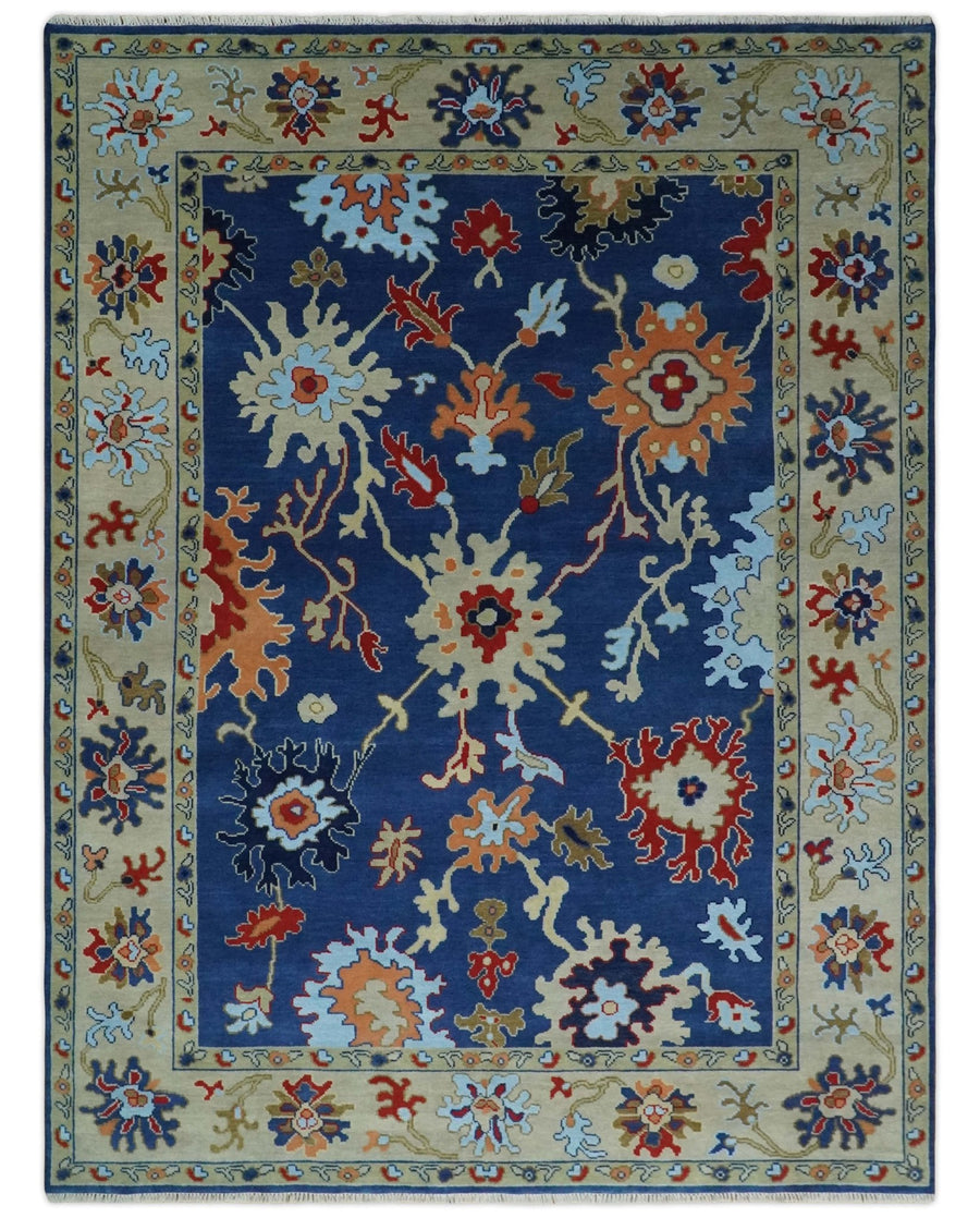 9x12 Hand Knotted Blue and Beige Colorful Oushak Wool Area Rug - The Rug Decor