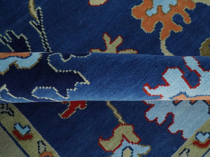 9x12 Hand Knotted Blue and Beige Colorful Oushak Wool Area Rug - The Rug Decor