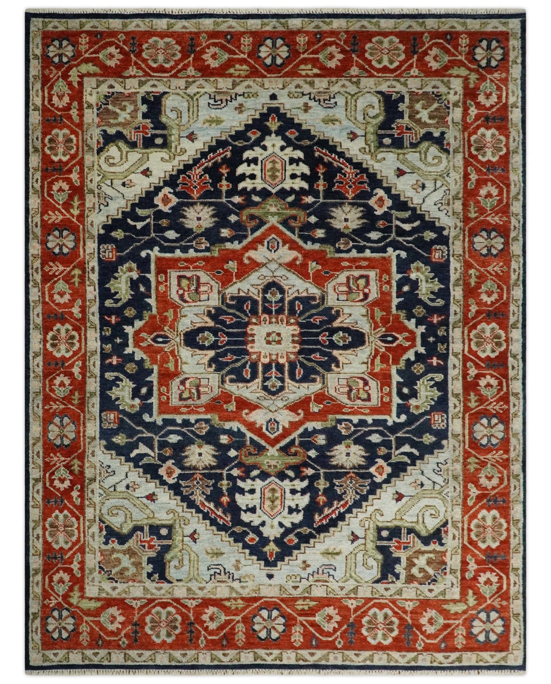 9x12 Hand Knotted Blue and Rust Traditional Heriz Serapi Antique Wool Rug | TRDCP680912 - The Rug Decor