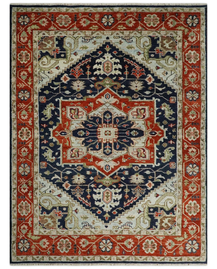 9x12 Hand Knotted Blue and Rust Traditional Heriz Serapi Antique Wool Rug | TRDCP680912 - The Rug Decor