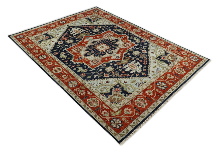 9x12 Hand Knotted Blue and Rust Traditional Heriz Serapi Antique Wool Rug | TRDCP680912 - The Rug Decor