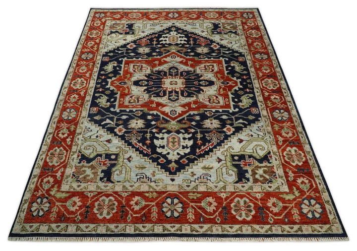9x12 Hand Knotted Blue and Rust Traditional Heriz Serapi Antique Wool Rug | TRDCP680912 - The Rug Decor