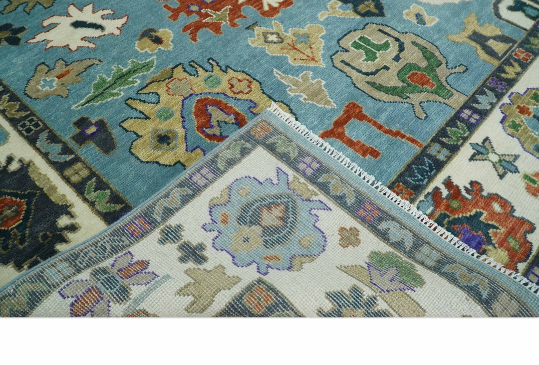 9x12 Hand Knotted Blue, Ivory and Gray vibrant Colorful Oushak Wool Area Rug - The Rug Decor
