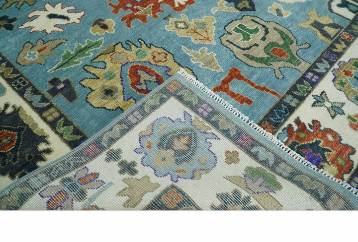 9x12 Hand Knotted Blue, Ivory and Gray vibrant Colorful Oushak Wool Area Rug - The Rug Decor